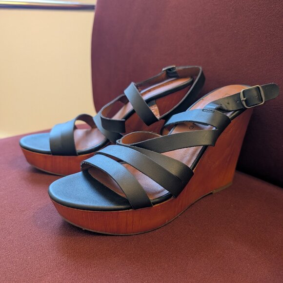 Lucky Brand Charcoal Gray Marina Wooden Wedge Sandals - Picture 2 of 5